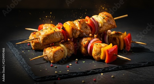 BBQ grill chicken skewers cooking fire delicious glazed gourmet food photo