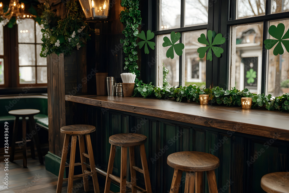 Obraz premium cozy pub corner with shamrock garlands, wooden stools, and festive decor
