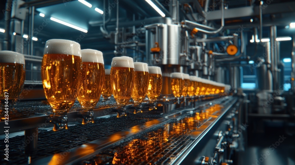 Brewery bottling line beer glasses filling, factory background Brewery bottling line beer glasses filling, factory background