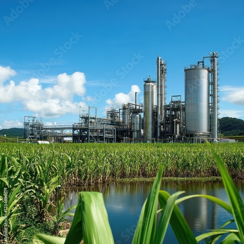 Biofuel plant amidst sugarcane field, sunny day photo