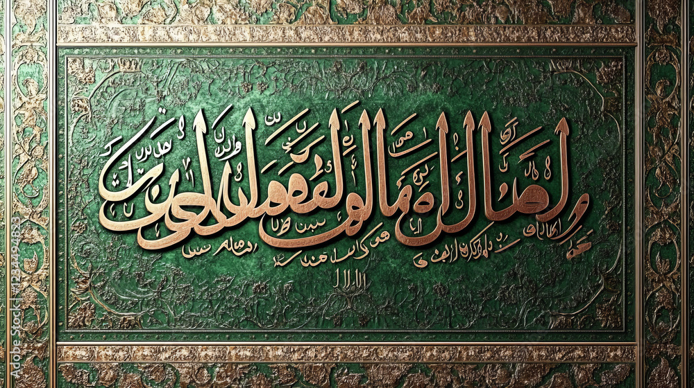islamic ornamental gold calligraphy on green background featuring ornate arabic script for religious wall decor and traditional arabic art with intricate embossed design elements