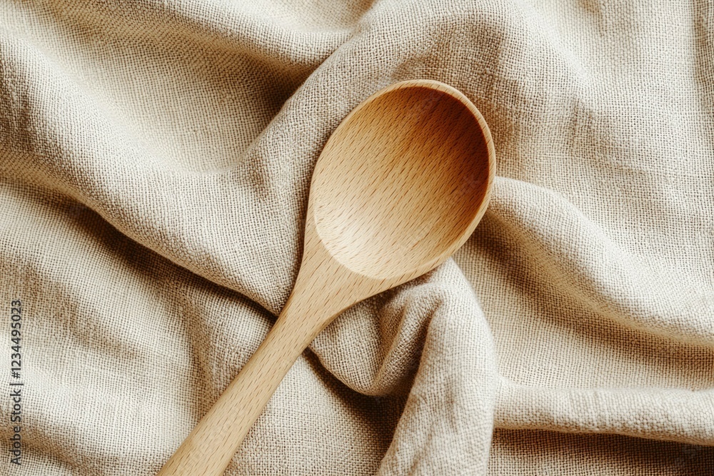 Wooden Spoon Rests on Beige Linen Fabric Wooden Spoon Rests on Beige Linen Fabric