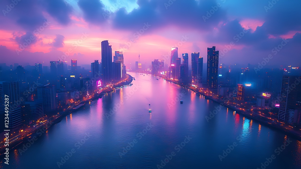 Fototapeta premium Cityscape at dawn, river reflecting city lights, hazy sky.