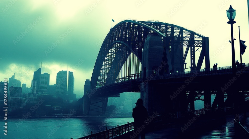 Naklejka premium Foggy city bridge silhouette, person standing, urban backdrop, travel poster