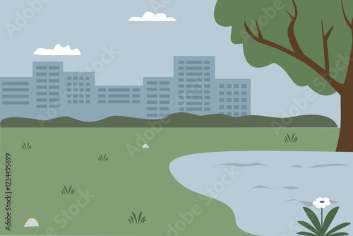 Park around city building. Cityscape. Lake in the park. Urban park. City park. City park cartoon. Spring. Summer.