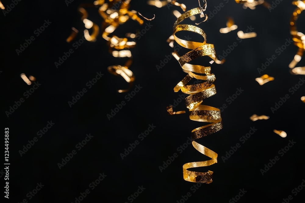 Obraz premium Golden Streamers Falling Against Dark Background for Celebration