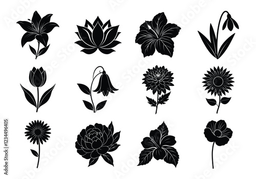 Flower silhouette set. Flowers bundle vector illustration on white background