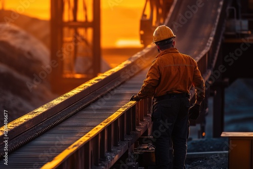 A worker inspecting the conveyor belt at an iron ore mine, illuminated by bright lights. The setting is outdoors in daylight with dark rocks and mud nearby. High-resolution photographic style.