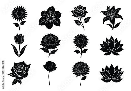 Flower silhouette set. Flowers bundle vector illustration on white background