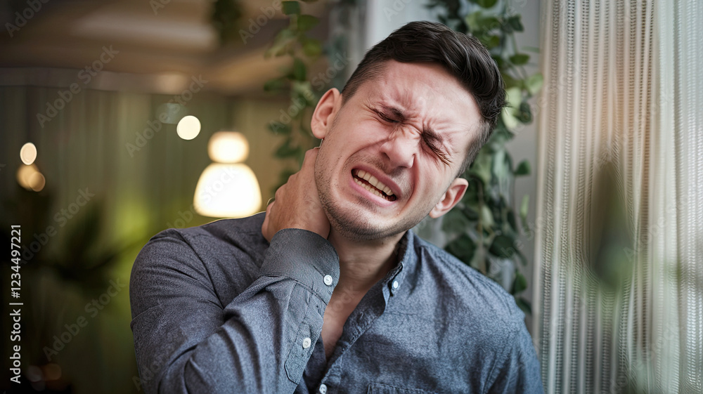 Naklejka premium Man Experiencing Neck and Throat Pain, Holding His Neck in Discomfort, Showing Tension and Strain, Unwell Expression, Physical Health Strain, Symptoms of Sore Throat or Muscle Tightness in the Neck