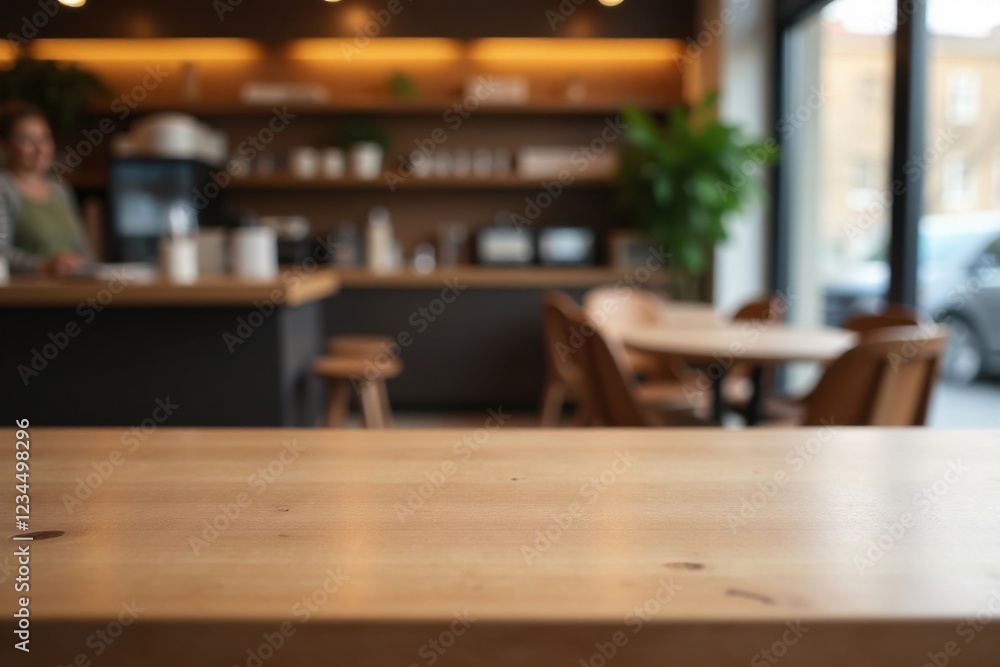 Empty Light Wood Table in a Cozy Cafe Setting with Blurred Background Empty Light Wood Table in a Cozy Cafe Setting with Blurred Background