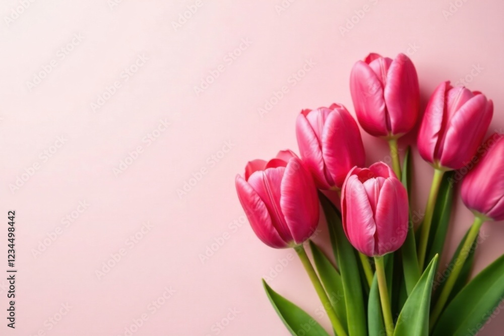 A Delicate Bouquet of Pink Tulips on a Soft Pink Background, a Symbol of Springtime Freshness and Delicate Beauty A Delicate Bouquet of Pink Tulips on a Soft Pink Background, a Symbol of Springtime Freshness and Delicate Beauty