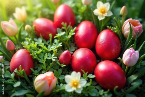 Vibrant red eggs nestled amongst blossoming spring flowers and lush green foliage, a picturesque springtime scene