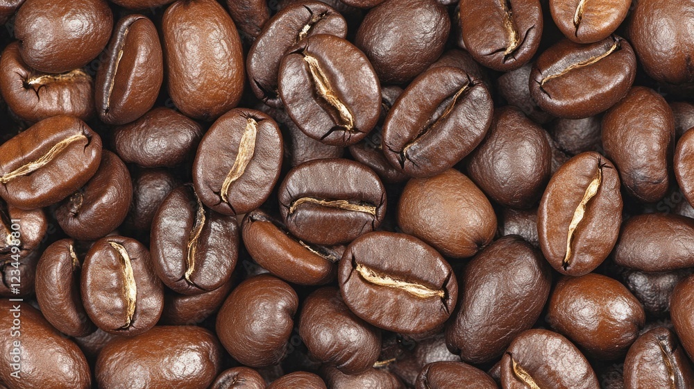 Obraz premium Roasted coffee beans close-up, textured background, food, beverage industry