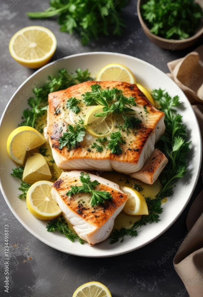Cod with a zesty lemon-herb marinade served with a side of olive oil and fresh parsley, parsley, citrusy flavors Cod with a zesty lemon-herb marinade served with a side of olive oil and fresh parsley, parsley, citrusy flavors