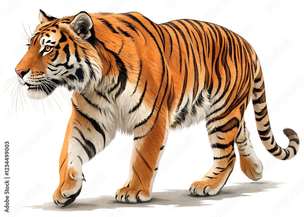 Obraz premium A stunning digital illustration of a walking tiger with realistic fur and a strong stance , A detailed digital illustration of a tiger walking confidently, showing its majestic fur and power