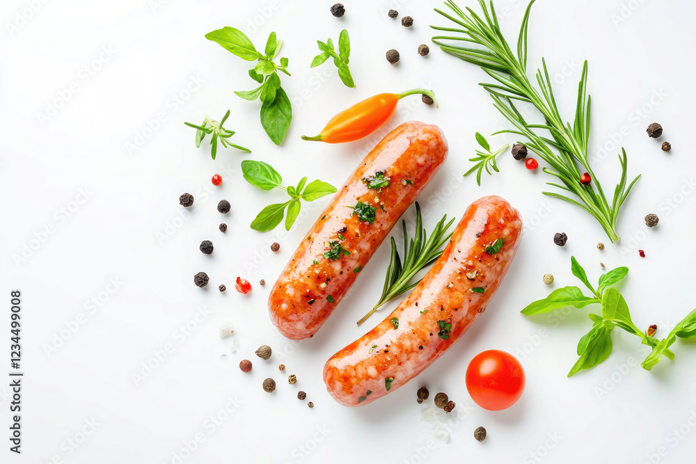 Raw Herb-Seasoned Sausages with Fresh Spices on White Background Raw Herb-Seasoned Sausages with Fresh Spices on White Background