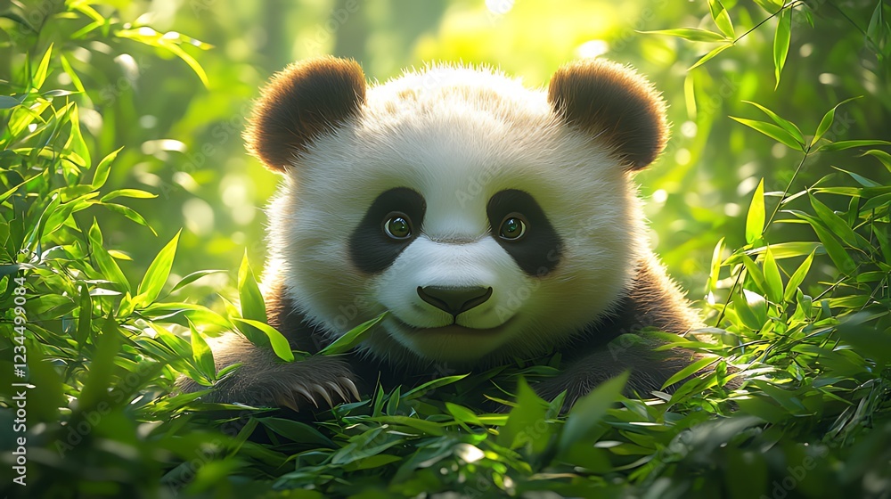 Obraz premium Adorable baby panda cub peeking from lush green bamboo forest.