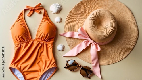 Wallpaper Mural A summer flat lay featuring an orange swimsuit, straw sun hat, and tortoiseshell sunglasses on a light beige background. A stylish beach-themed composition with warm tones. Torontodigital.ca