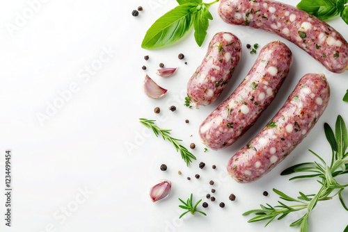 Raw Herb-Seasoned Sausages with Fresh Spices on White Background