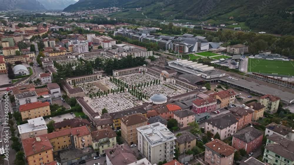 Aerial drone view of the Monumental Cemetery of Trento (Cimitero Monumentale di Trento), Trento, Italy. Aerial drone view of the Monumental Cemetery of Trento (Cimitero Monumentale di Trento), Trento, Italy.