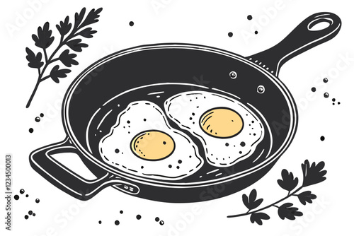 Cast iron skillet, two sunny side up eggs, crispy edges, vibrant yellow yolks, black pepper speckles, white background, overhead view, food photography, high contrast, detailed texture, appetizing,
