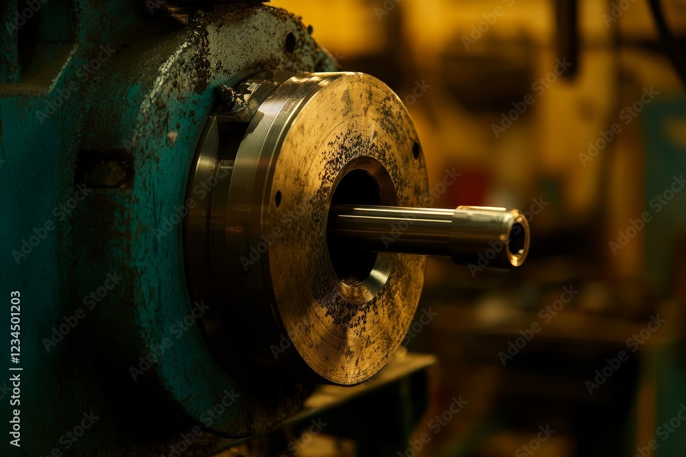 Industrial Machinery Close-Up of Metal Shaft in Workshop Environment Industrial Machinery Close-Up of Metal Shaft in Workshop Environment
