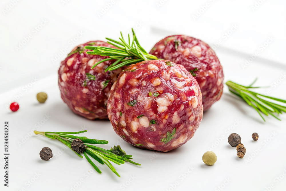 Raw Herb-Seasoned Sausages with Fresh Spices on White Background Raw Herb-Seasoned Sausages with Fresh Spices on White Background