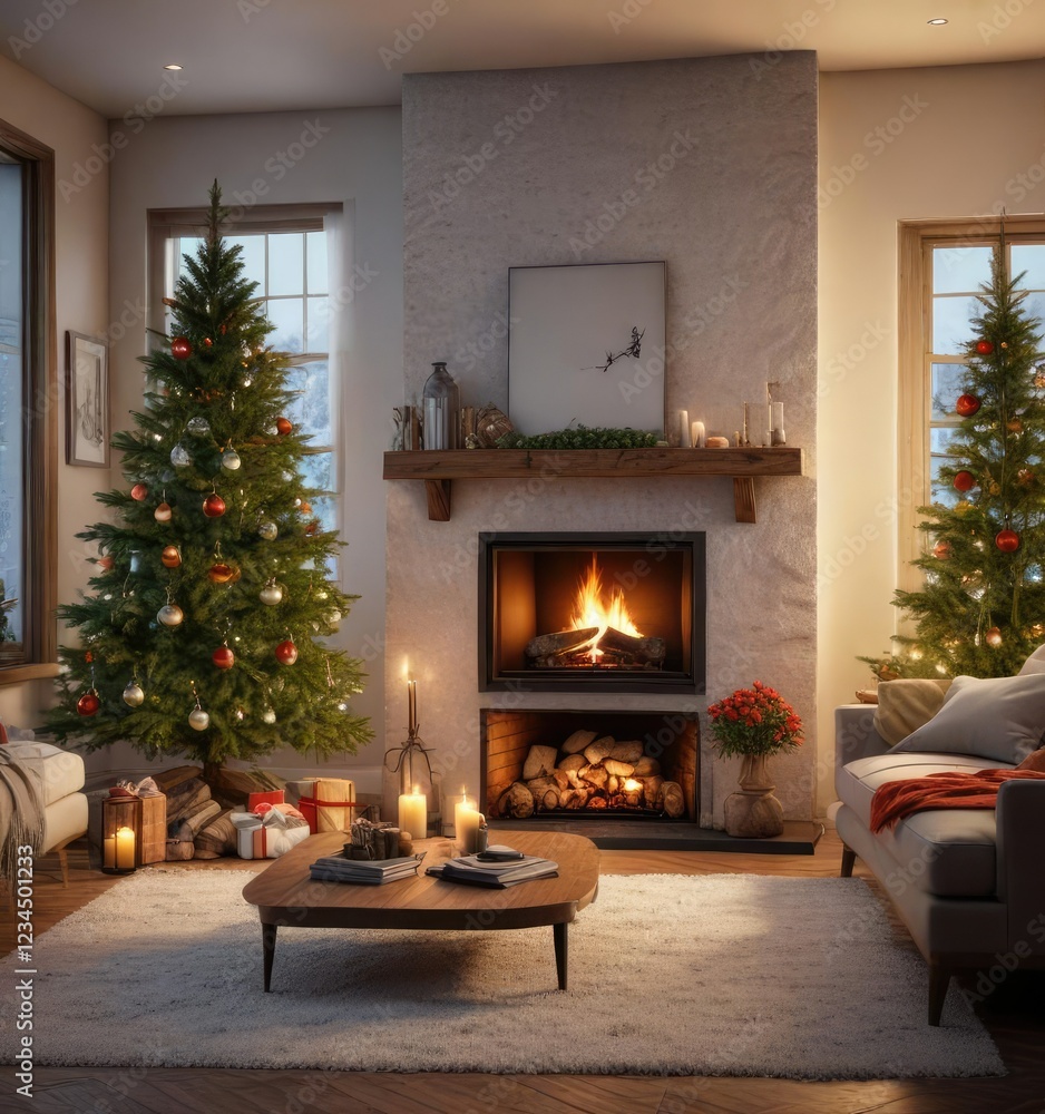 Cozy living room with fireplace and Christmas tree, inviting, christmas tree, warm Cozy living room with fireplace and Christmas tree, inviting, christmas tree, warm
