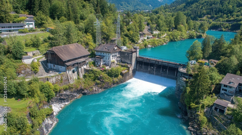 Alpine Hydroelectric Dam Power Generation, River, Green Hills Alpine Hydroelectric Dam Power Generation, River, Green Hills