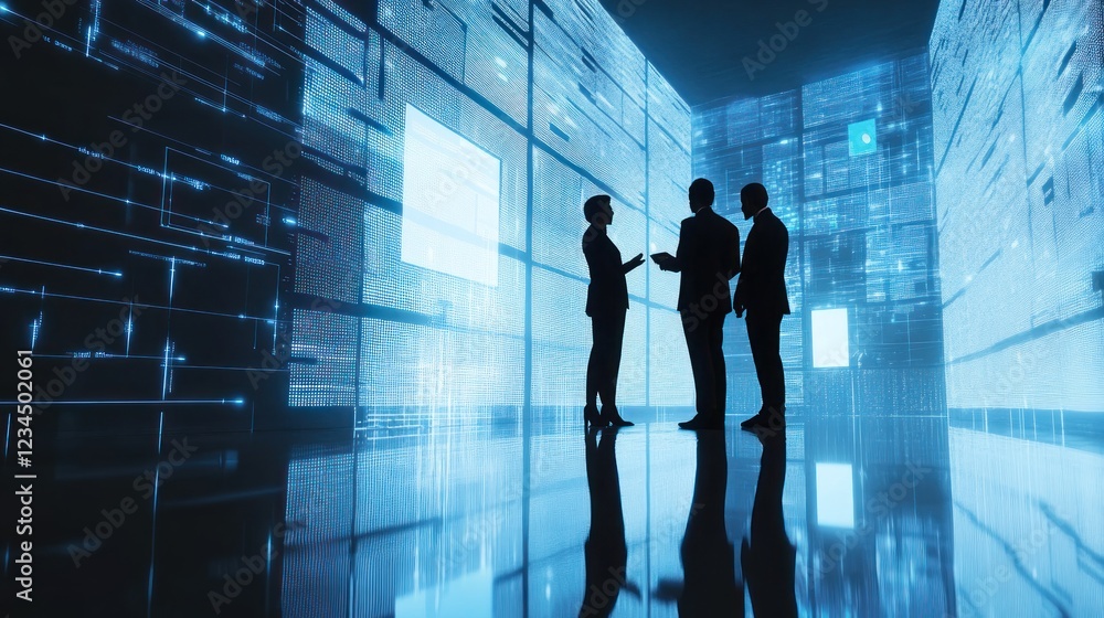 Data center meeting Silhouetted businesspeople discuss strategy amidst glowing digital walls Data center meeting Silhouetted businesspeople discuss strategy amidst glowing digital walls
