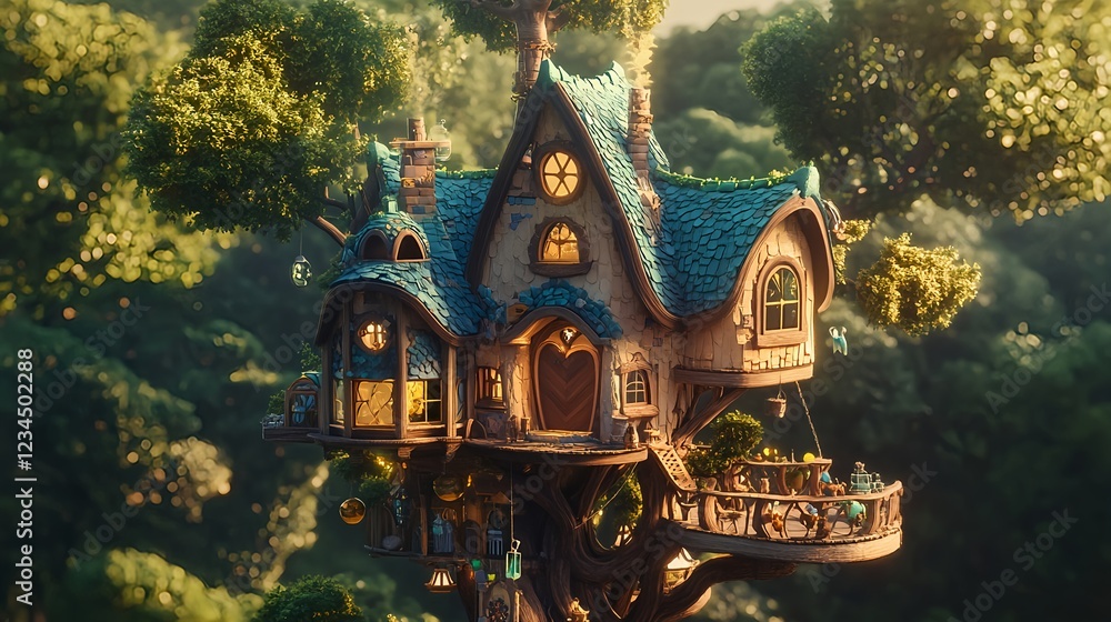 Fototapeta premium Whimsical Heart-Shaped Treehouse Surrounded by Lush Greenery