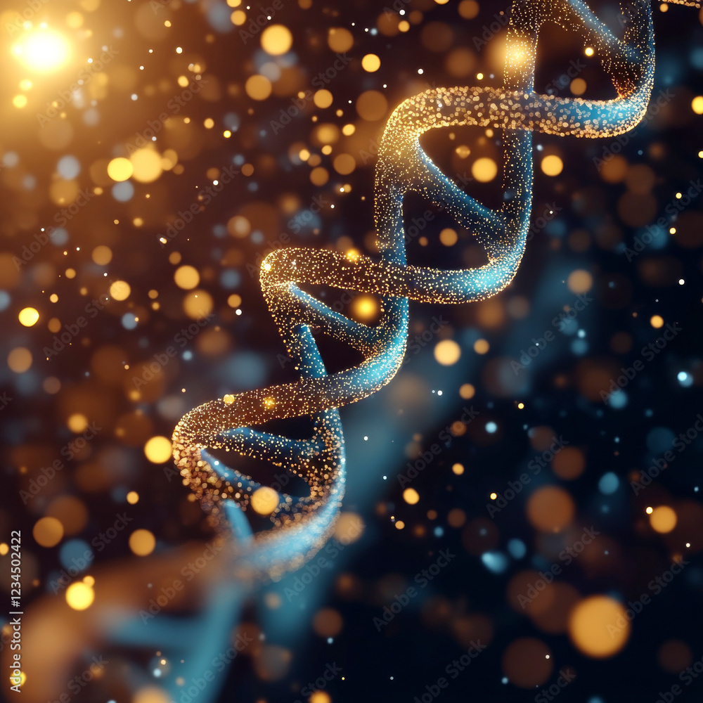DNA Double Helix: A mesmerizing 3D rendering of a DNA double helix, composed of shimmering particles, floats against a backdrop of warm golden and cool blue bokeh. DNA Double Helix: A mesmerizing 3D rendering of a DNA double helix, composed of shimmering particles, floats against a backdrop of warm golden and cool blue bokeh.