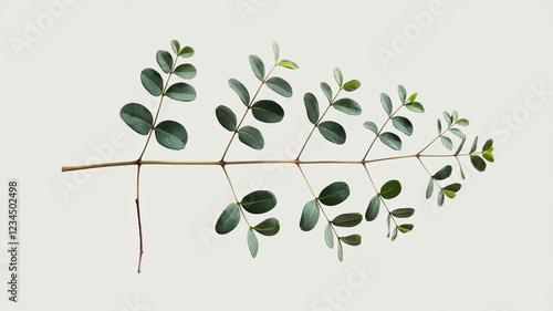 Fresh Twig with Vibrant Green Leaves Isolated on White Background, Natural Botanical Element with Delicate Stem and Lush Foliage, Organic Plant Detail for Eco-Friendly, Herbal, and Nature-Inspired 