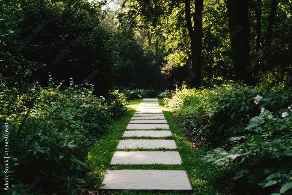 Stone Path Through Lush Green Garden Landscape Stone Path Through Lush Green Garden Landscape