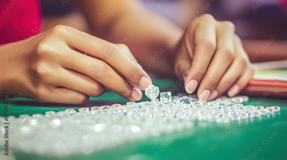 Hands sorting diamonds in factory, close-up Hands sorting diamonds in factory, close-up
