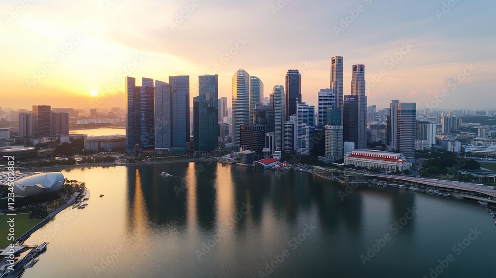 Obraz premium Cityscape at sunrise with skyscrapers reflecting on calm water and boats sailing around
