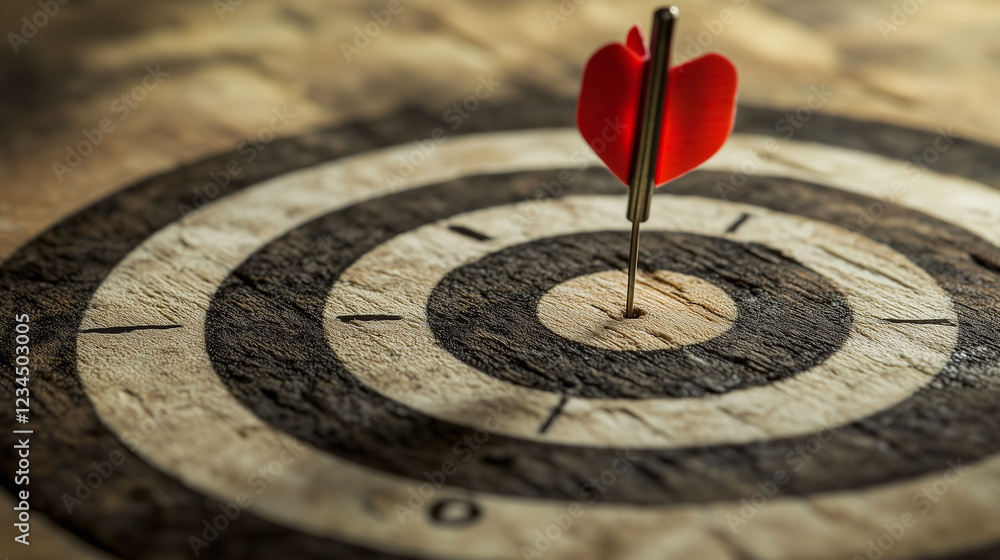 A red dart perfectly hits the center of a wooden target A red dart perfectly hits the center of a wooden target