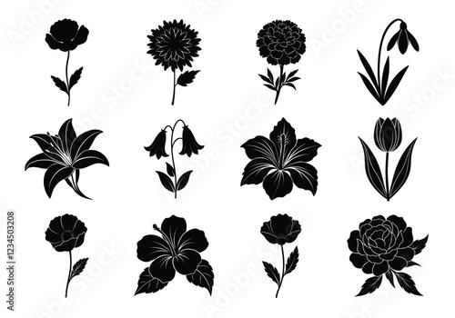 Flower silhouette set. Flowers bundle vector illustration on white background