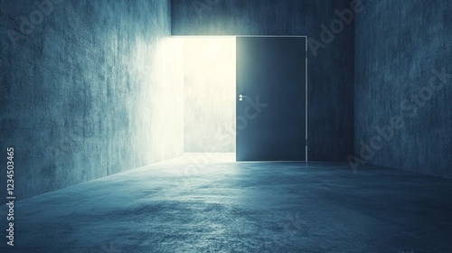 Open door  bright light  concrete room  hope concept  website background