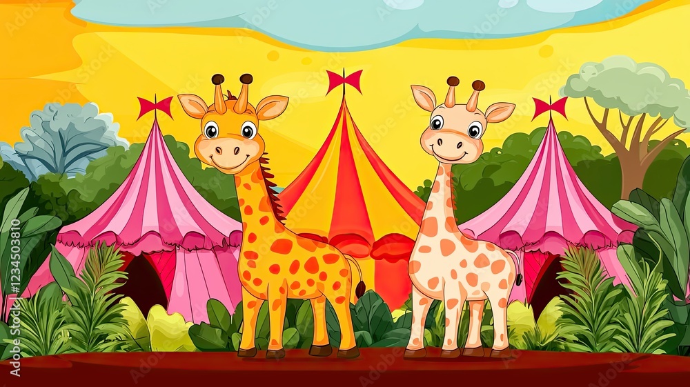 Obraz premium Two cheerful cartoon giraffes stand in front of colorful circus tents surrounded by greenery, set against a bright yellow sky.