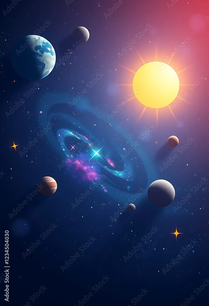 Naklejka premium Celestial Bodies Orbiting A Spiral Galaxy In Space