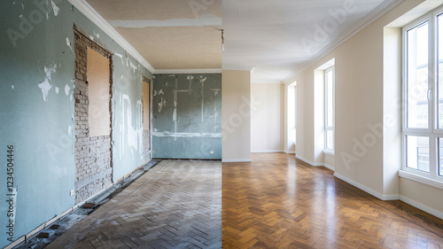 Room Undergoing Renovation with Worn-Out Wall and Exposed Bricks on One Side, Smoothly Plastered Wall on the Other, Aged Wooden Parquet Floor Transitioning to Polished Finish, Bright Natural Light