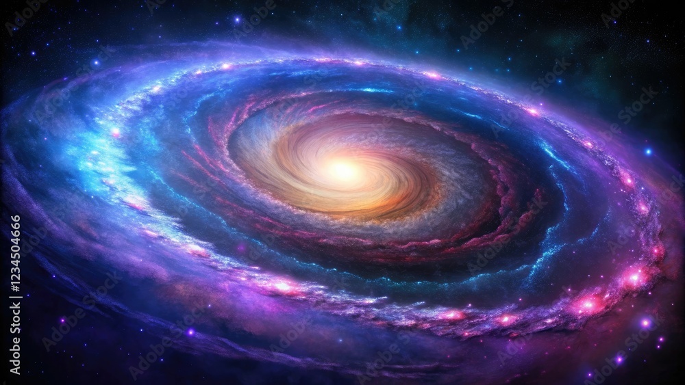 Dazzling spiral galaxy with shades of purple and blue hues, featuring a bright central core, vibrant nebula, celestial, cosmic Dazzling spiral galaxy with shades of purple and blue hues, featuring a bright central core, vibrant nebula, celestial, cosmic