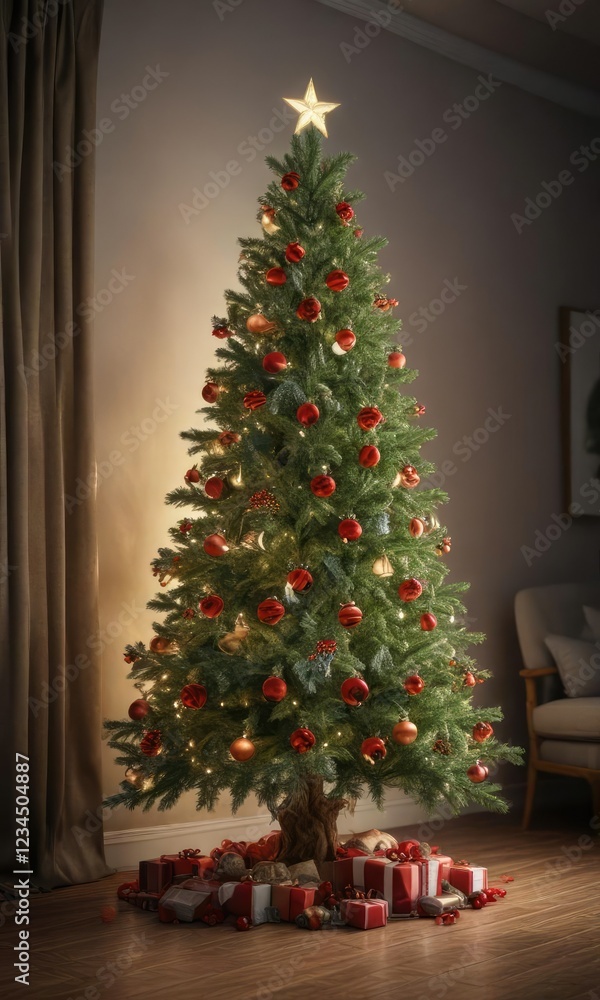 Decorated Christmas tree with a swag of holly, garland, greenery Decorated Christmas tree with a swag of holly, garland, greenery