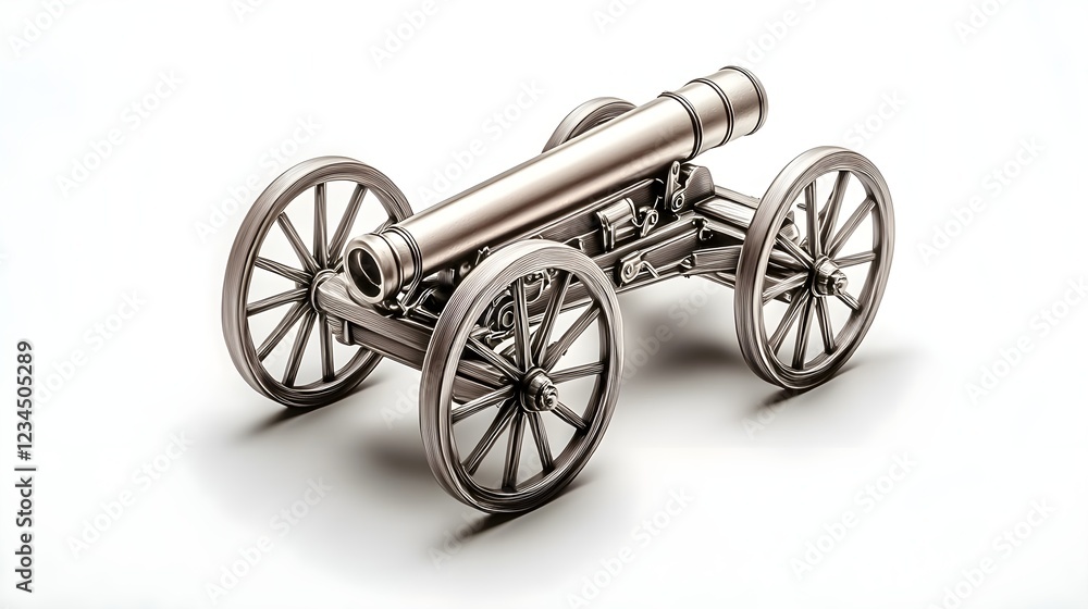 Fototapeta premium Photorealistic Toy Cannon on Wheels Isolated Against White Background