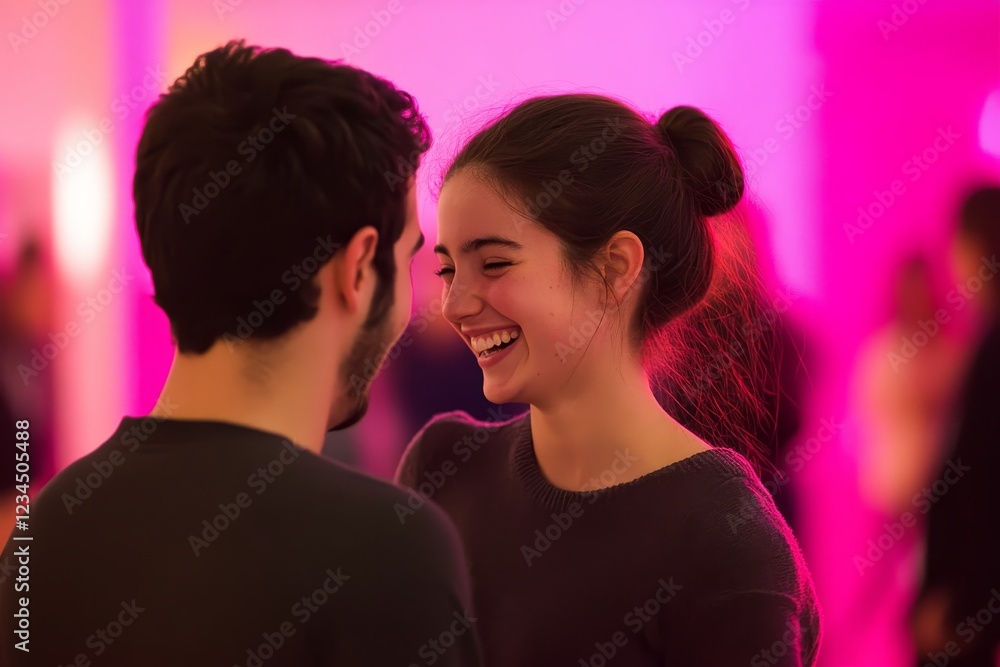 Joyful Interaction Between Two Young People in Colorful Atmosphere Joyful Interaction Between Two Young People in Colorful Atmosphere