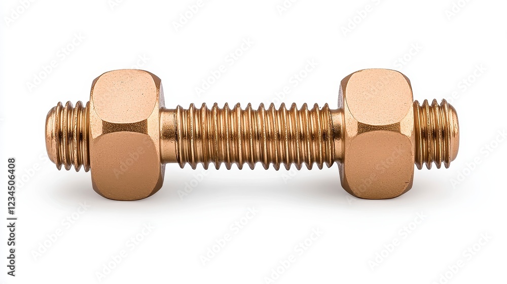 Fototapeta premium Golden Threaded Bolt with Hexagonal Nuts on White Background