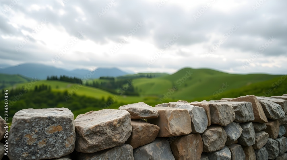 stock photo, soft pastel colors. Rustic stone wall foreground, large irregular stones, uneven surface. Lush green landscape background, rolling hills, distant mountains, cloudy sky. 