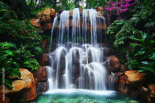 Majestic waterfall flowing over rocky cliffs into clear pool surrounded by lush tropical jungle